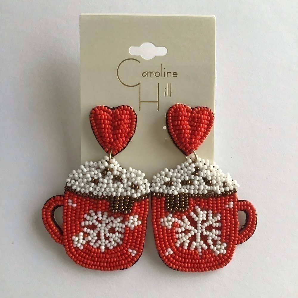 Valentine Pierced Earrings Red Heart Beaded Hot Chocolate Cup Lightweight NEW